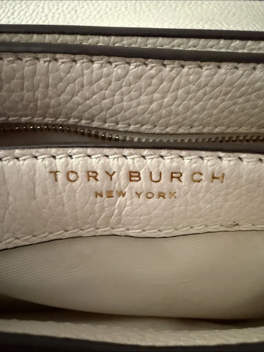 Tory Burch Cream Pebbled Leather Crossbody with Gold Chain